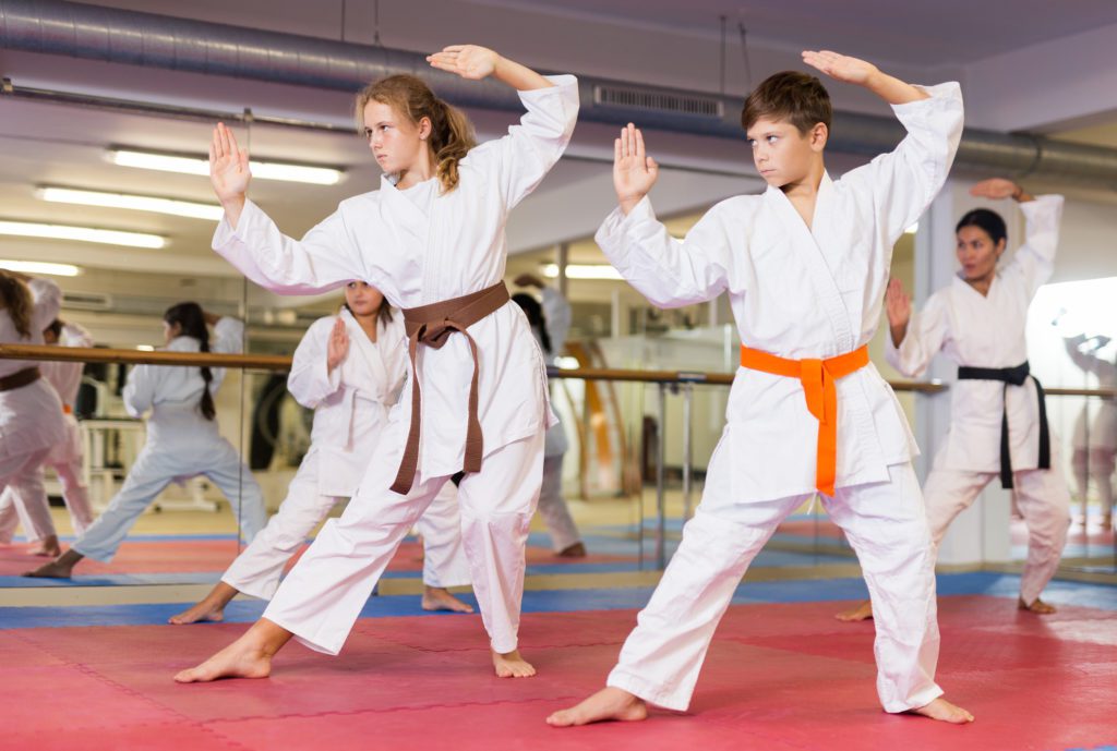 Kids in karate uniform performing karate.