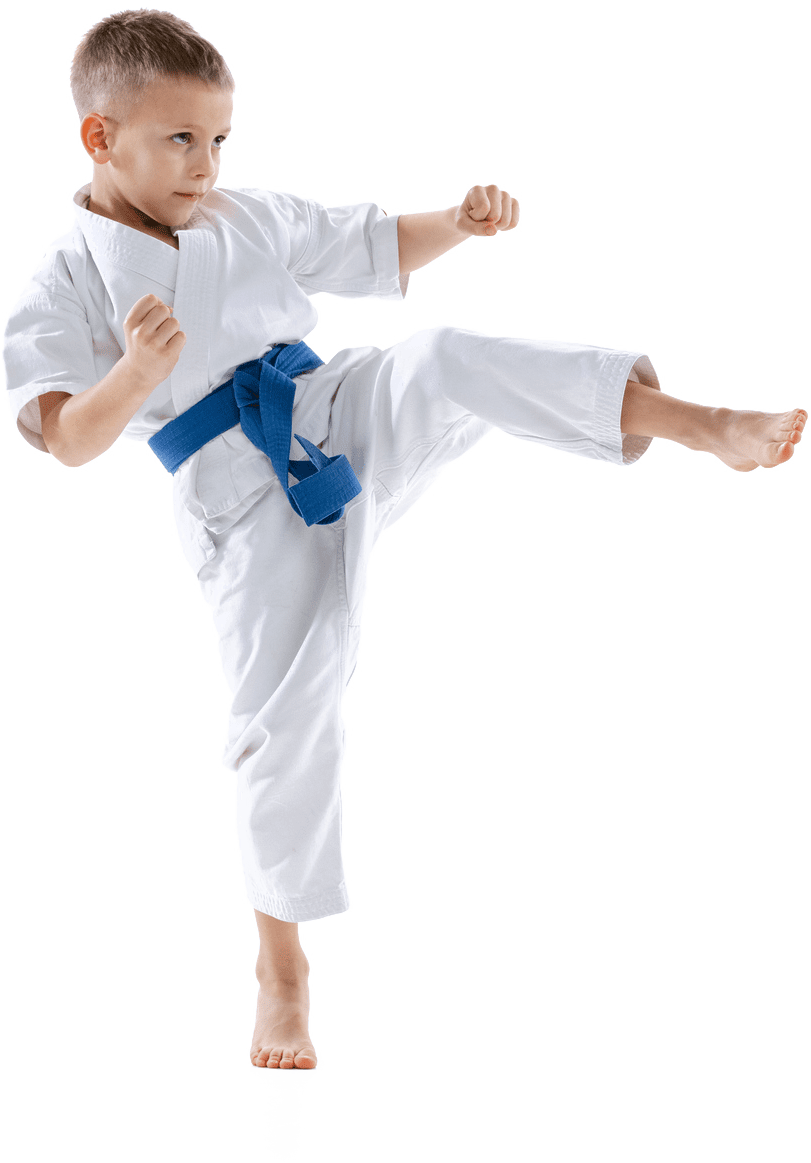 Young boy in while uniform with blue belt with white background.