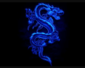 image of a blue dragon in black dark background.